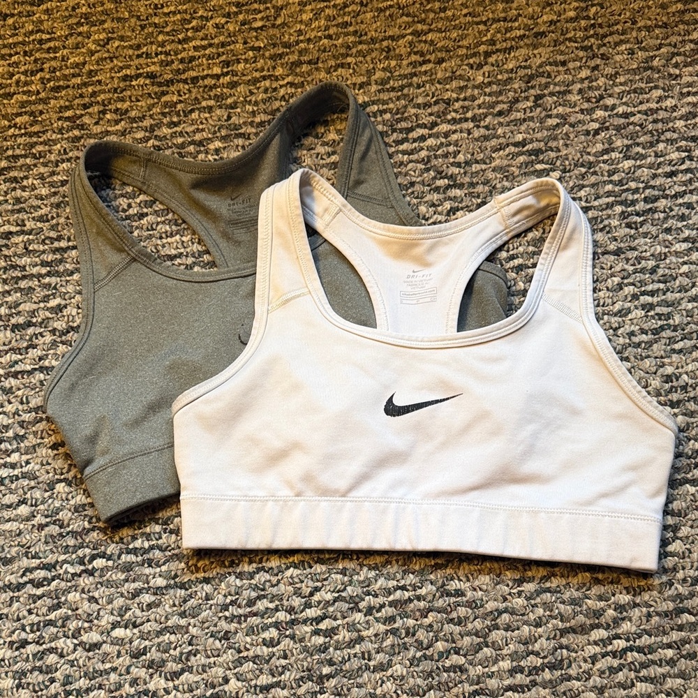 Nike White and Olive Green Racerback Sports Bras